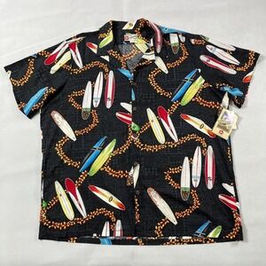 Hilo Hattie Hawaiian Shirt Men 3XL Black Surfboard Print Cotton Rayon NWT USA